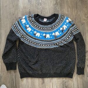 Holiday Time Winter Sweater Blue Black Scarf Polar Bears Sparkle Women's XL 1X